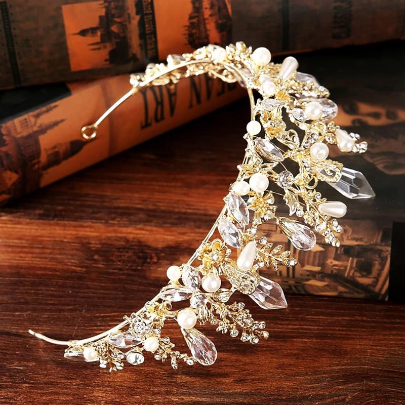 Bmirth Baroque Crowns and Tiaras Gold Crystal Wedding Queen Crowns Bride Pearl Rhinestone Princess Crown for Women and Girls - Image 4